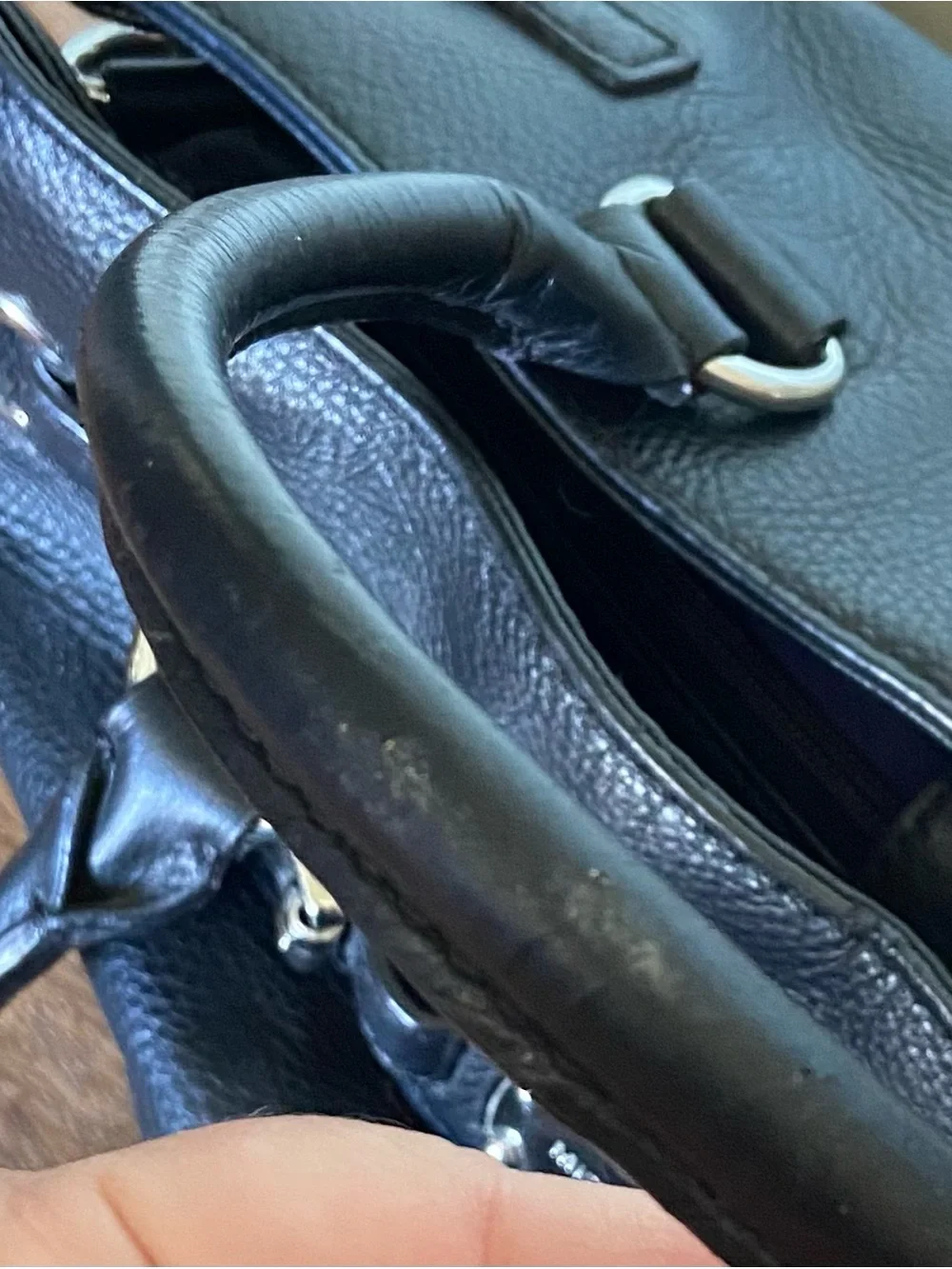 Michael Kors Black Pebbled Leather Satchel with Silver-Tone Plaque